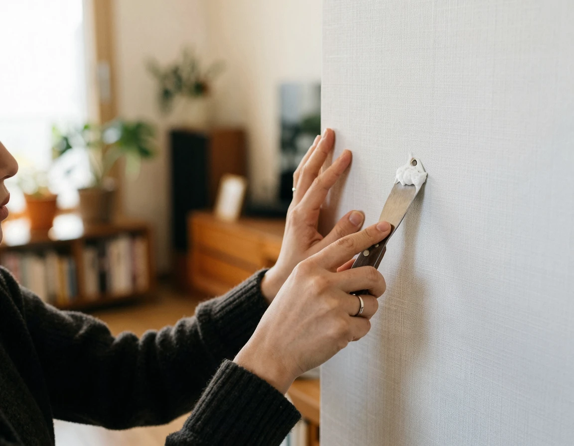 벽지의 작은 못 자국을 퍼티와 스크래퍼로 셀프 보수하는 손