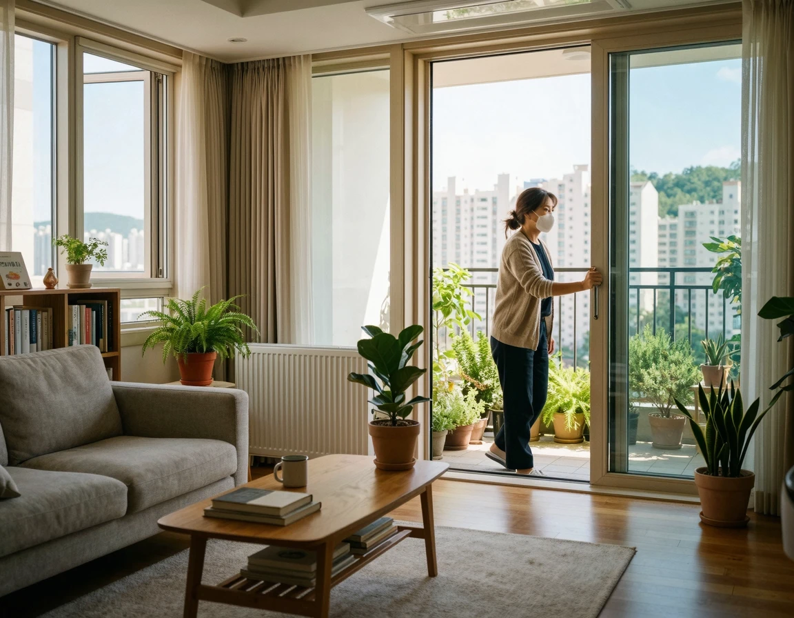 베이크아웃 후 모든 창문을 열고 강력하게 환기하는 모습