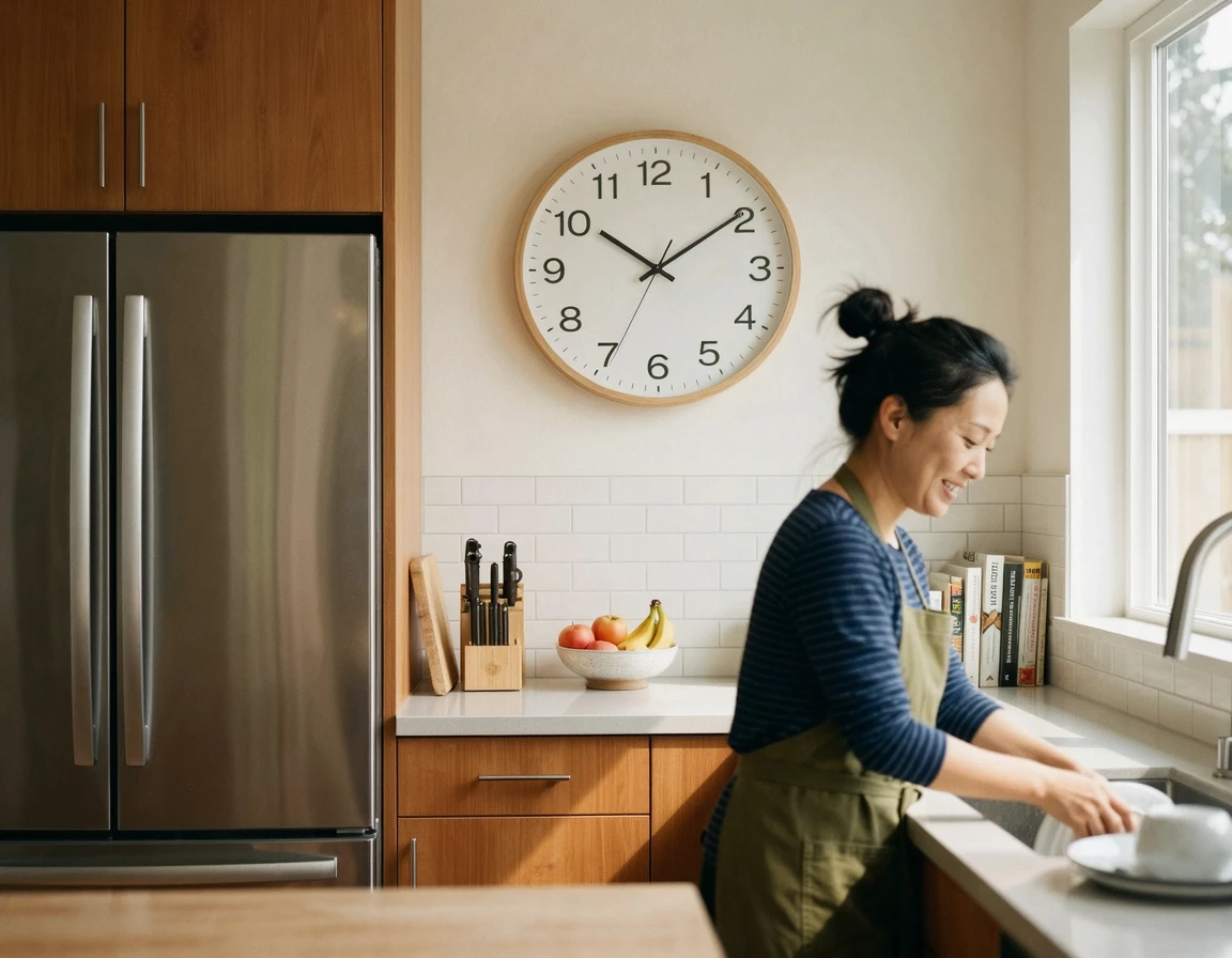 냉장고 대기 시간을 상징하는 시계와 주방 풍경