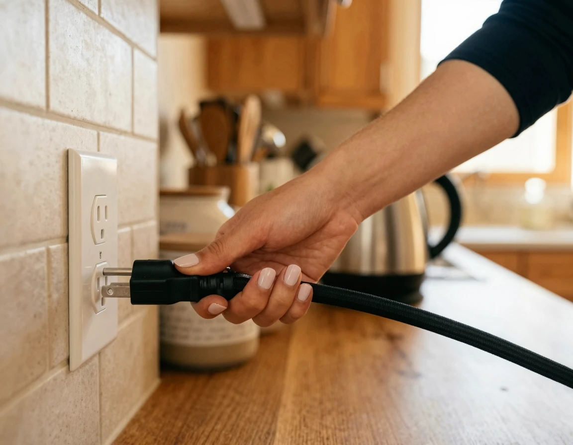 벽면 단독 콘센트에 냉장고 플러그를 꽂는 모습