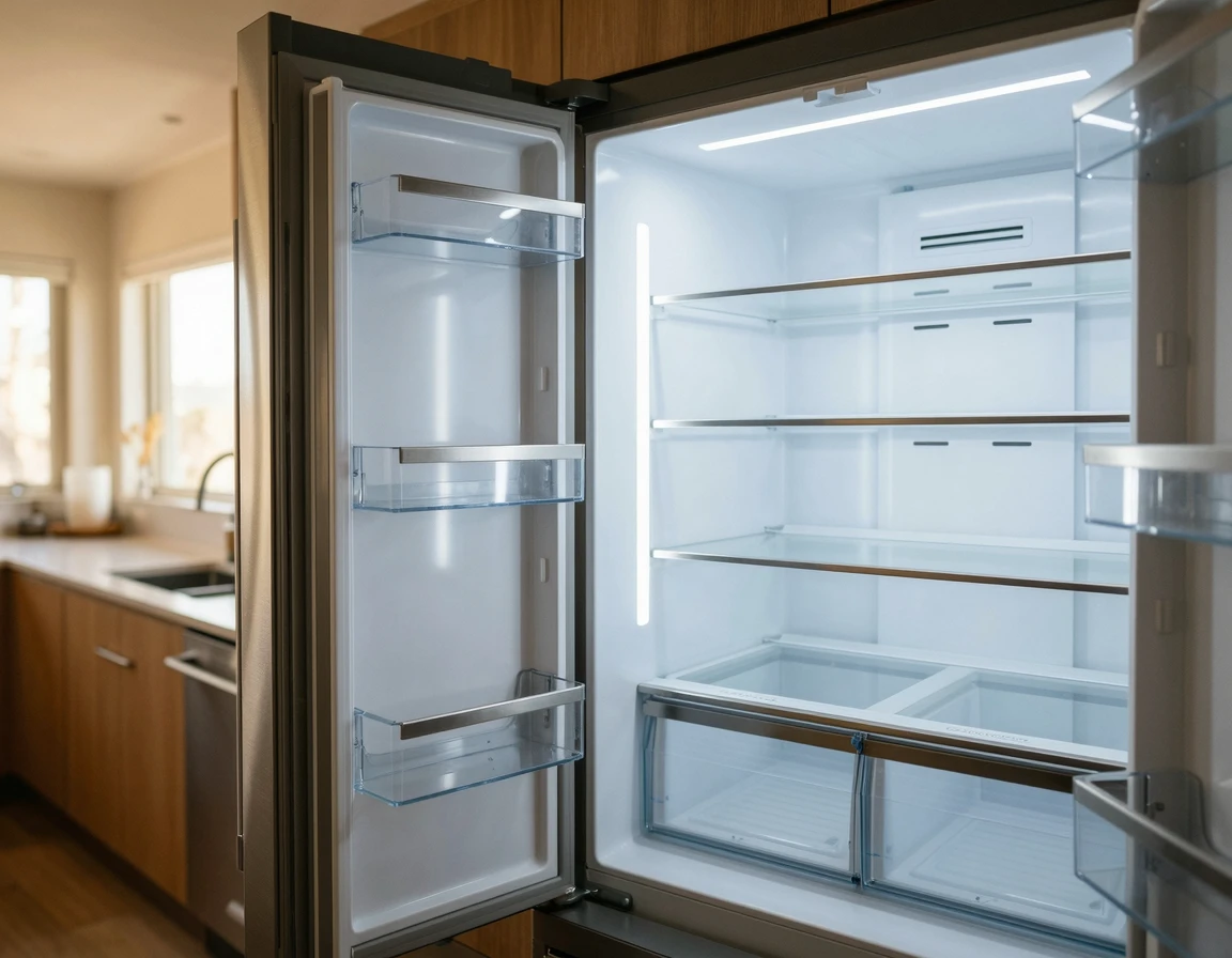 냉기가 도는 깨끗한 냉장고 내부 선반 모습