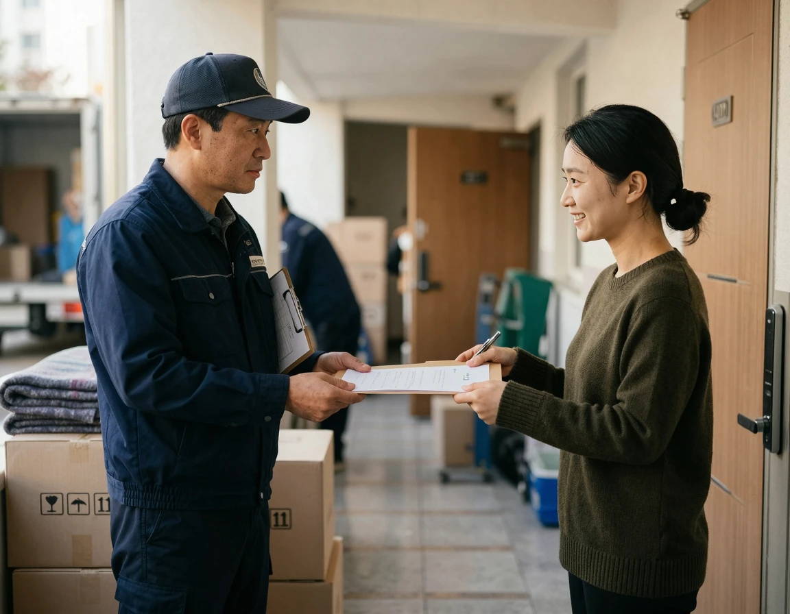 이사업체 직원과 사실 확인서를 작성하는 모습