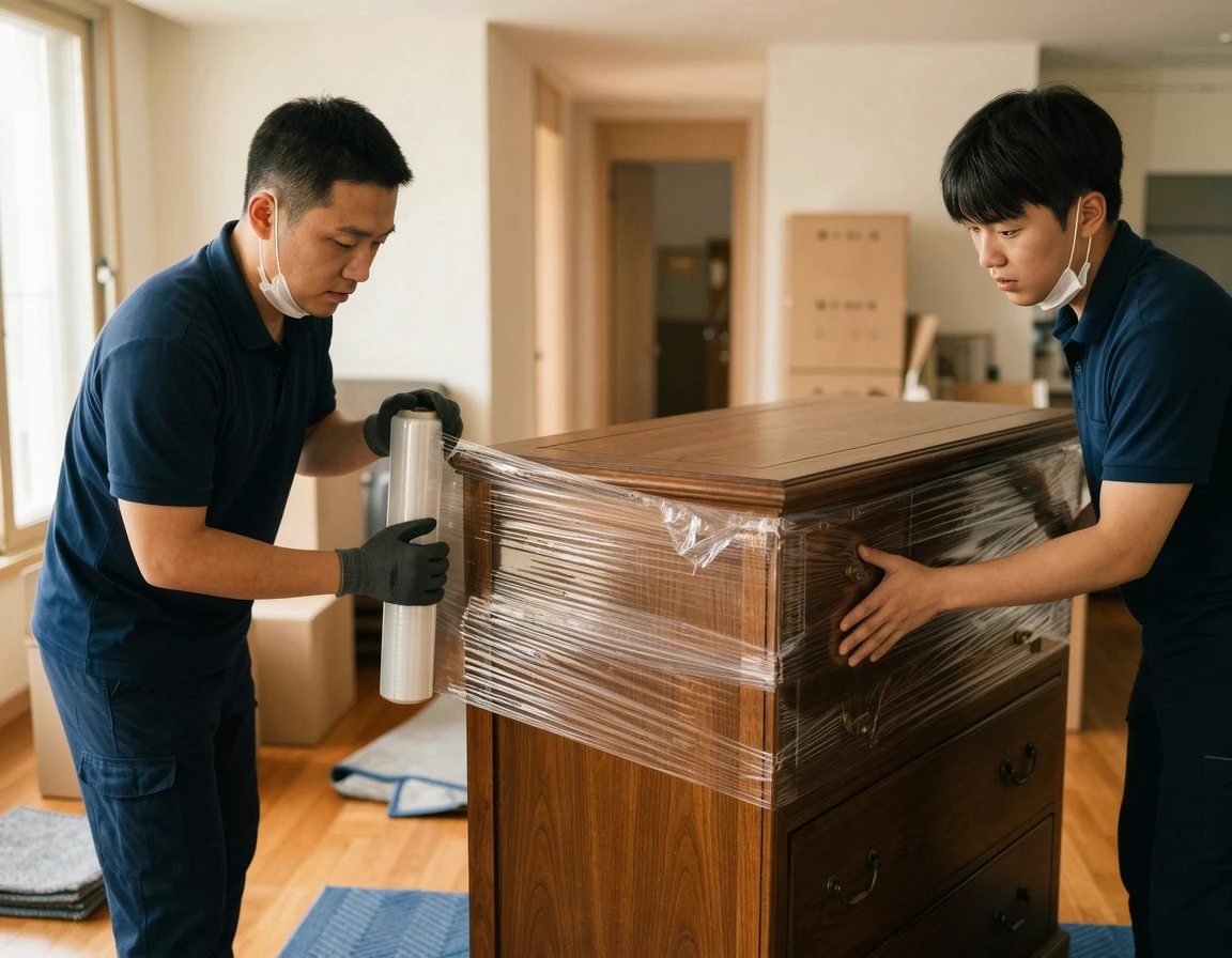 원목 가구를 두꺼운 투명 비닐로 포장하고 있는 이사 작업자