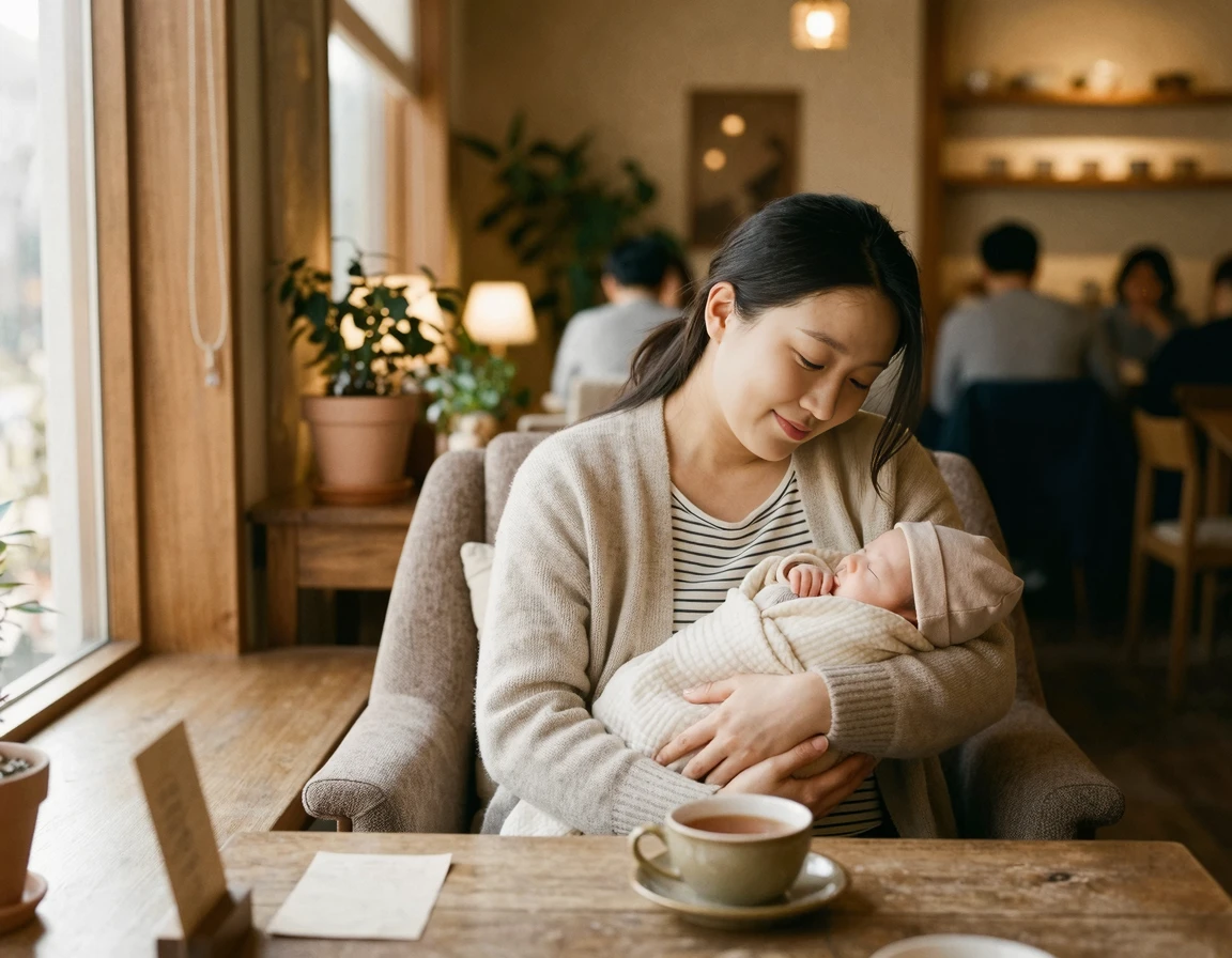 이사 당일 아기와 함께 조용한 공간에서 대기하는 엄마