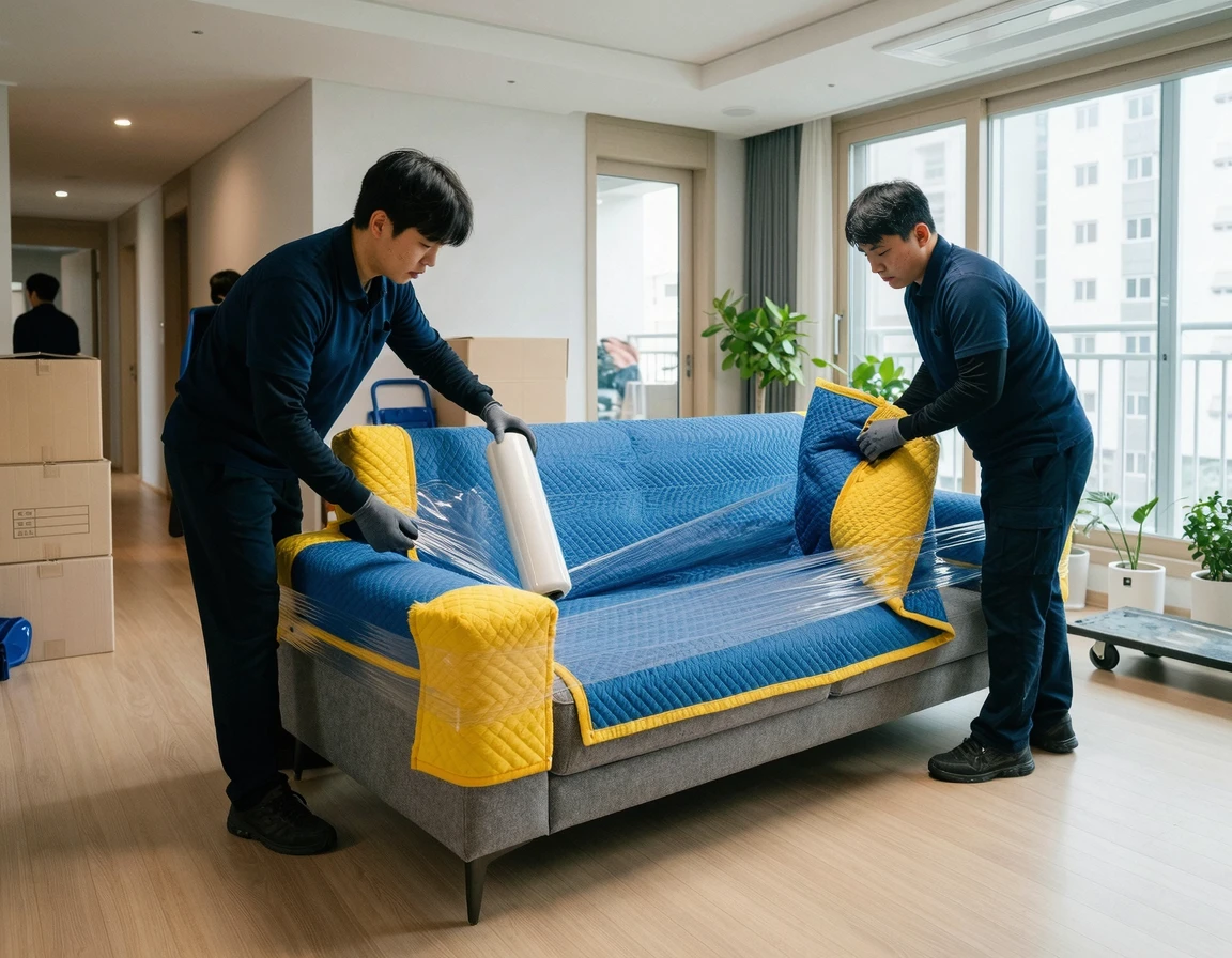 아파트 거실에서 가구를 안전하게 포장하고 있는 전문 이사팀