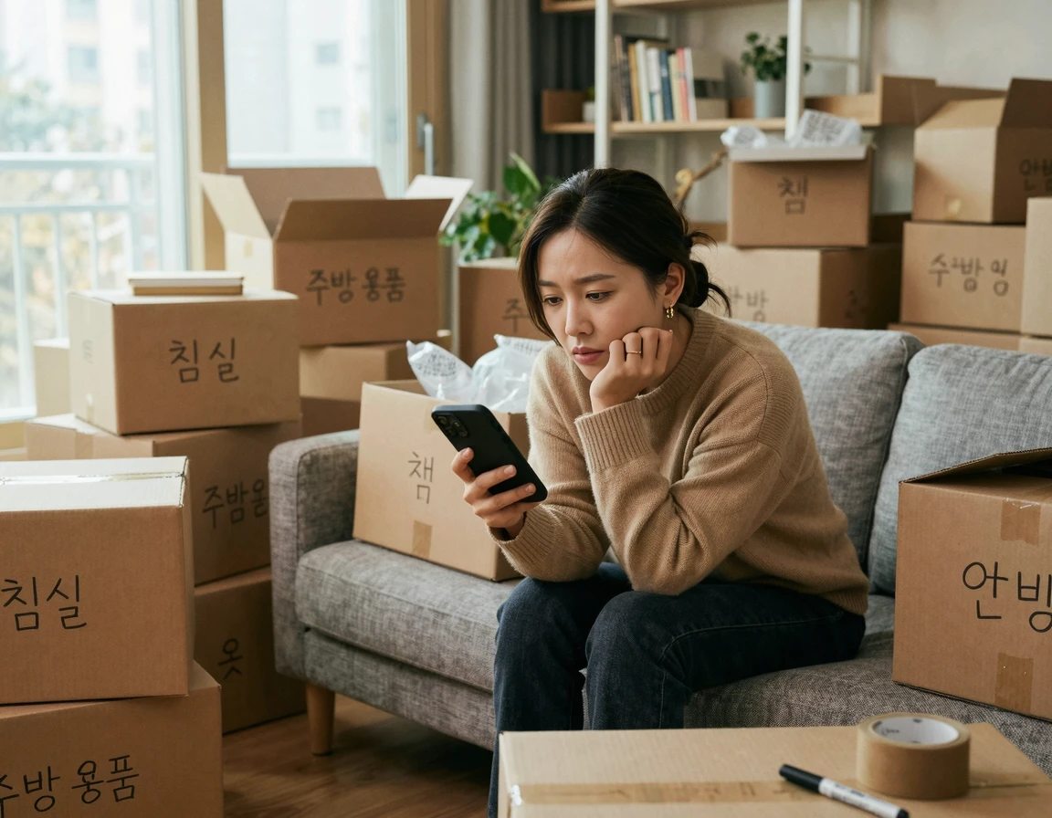 이사 준비로 스마트폰을 보며 고민하는 30대 여성