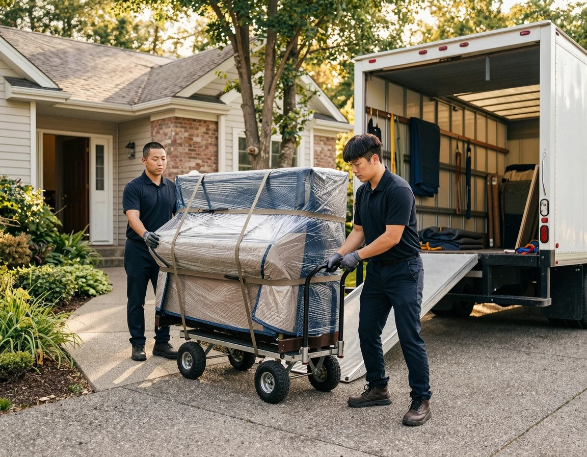 특수 장비와 차량을 이용해 피아노를 운반하는 전문 업체의 모습