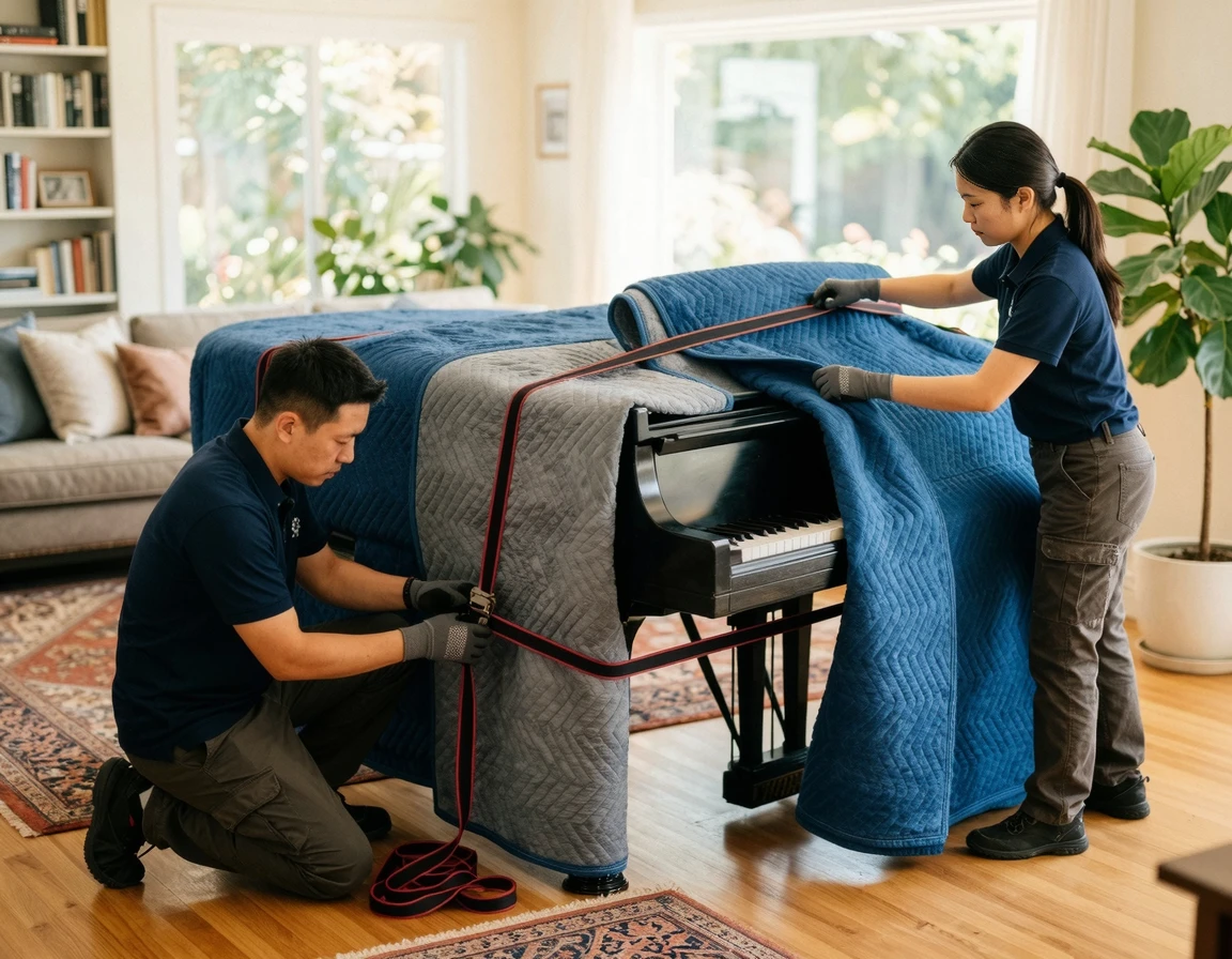 그랜드 피아노를 전문적으로 포장하는 이사 작업자들의 모습