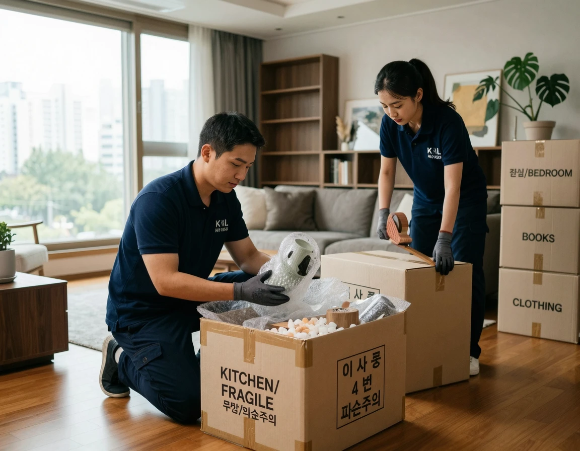 거실에서 꼼꼼하게 짐을 포장하는 전문 이사 업체 직원들