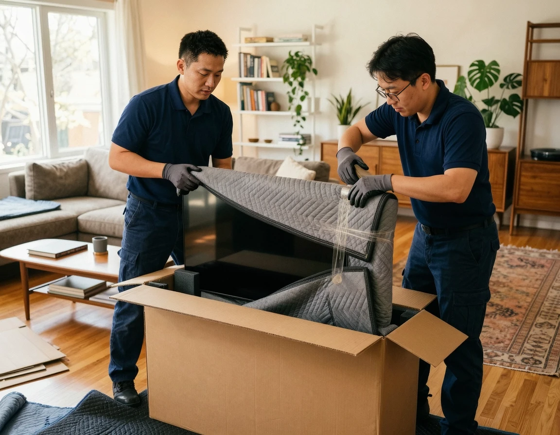 초박형 OLED TV를 전용 하드 케이스에 안전하게 포장하는 모습