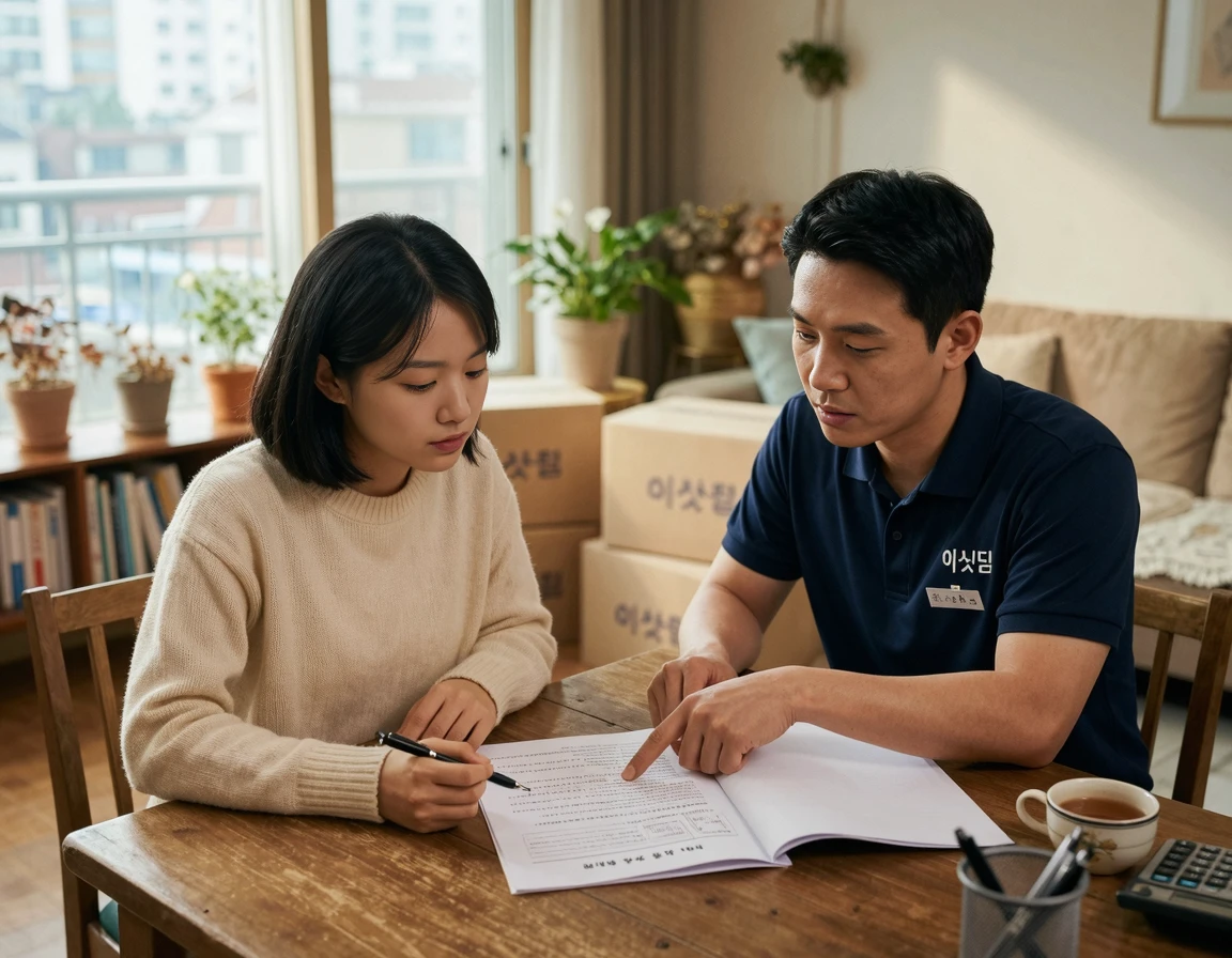 이사 업체 직원과 꼼꼼하게 서면 계약서를 검토하는 모습