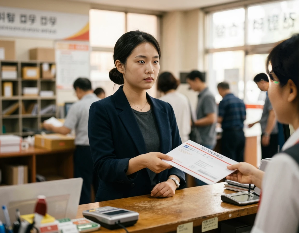 우체국 창구에서 파손 배상 요구 내용증명을 발송하는 여성
