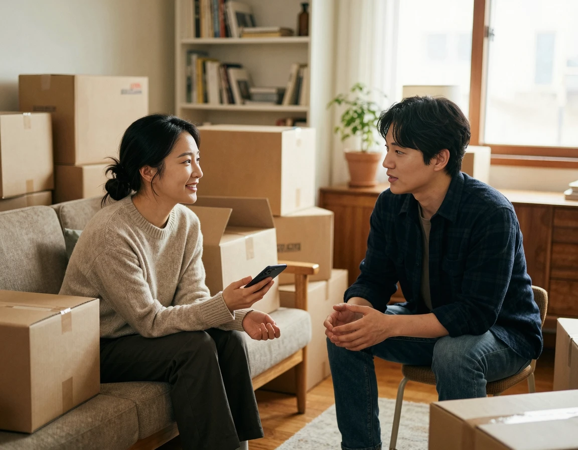 이사업체 직원과 차분하게 보상 협의를 하는 모습