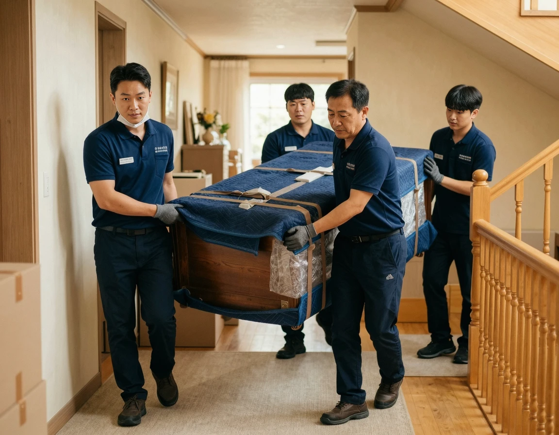 깔끔한 유니폼을 입고 포장된 가구를 조심스럽게 옮기는 이사업체 직원들