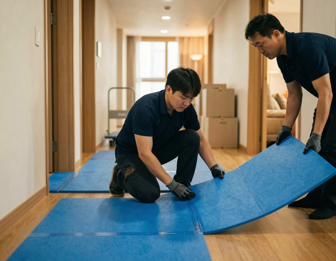 이사업체 직원이 마루 위에 두꺼운 파란색 보양재를 깔고 있는 모습