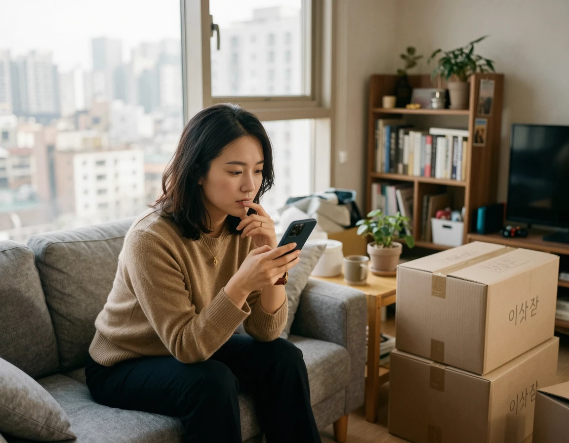 오피스텔 이사를 준비하며 스마트폰으로 견적을 알아보는 30대 여성