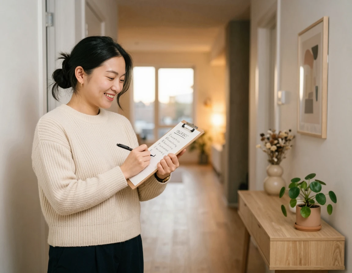 이사 당일 저녁, 현관 앞에서 보안 점검 체크리스트를 확인하며 안도하는 여성