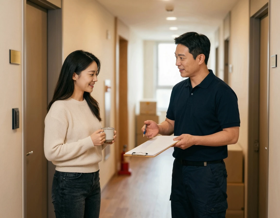 이사 당일 업체 팀장과 대안 동선을 논의하는 입주민