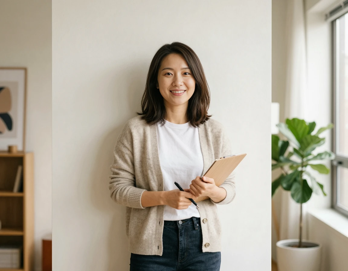 깨끗하게 복구된 벽면 앞에서 만족스러운 미소를 짓는 여성