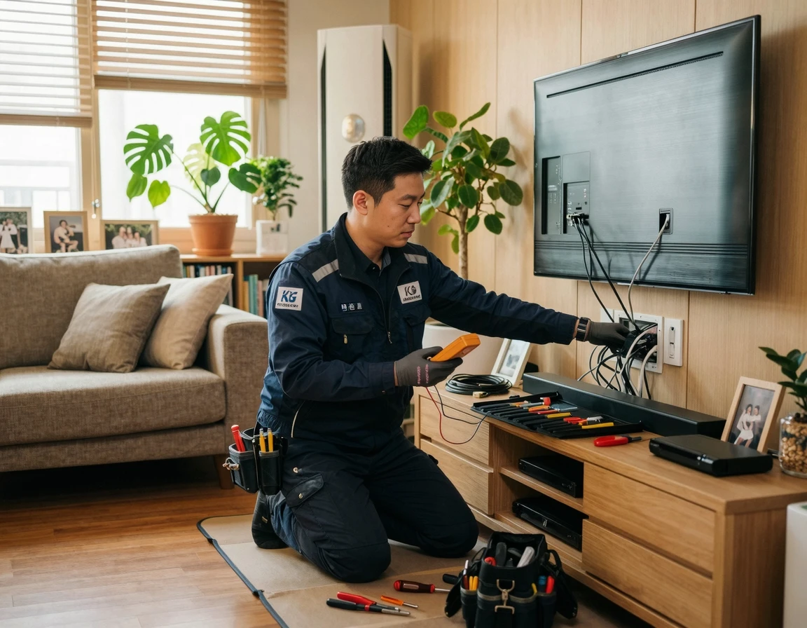 전문 기사가 방문하여 TV 수신 상태를 점검하는 모습