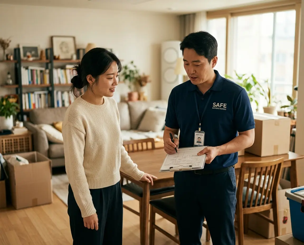 집에서 방문 견적을 상담 중인 이사업체 직원과 고객