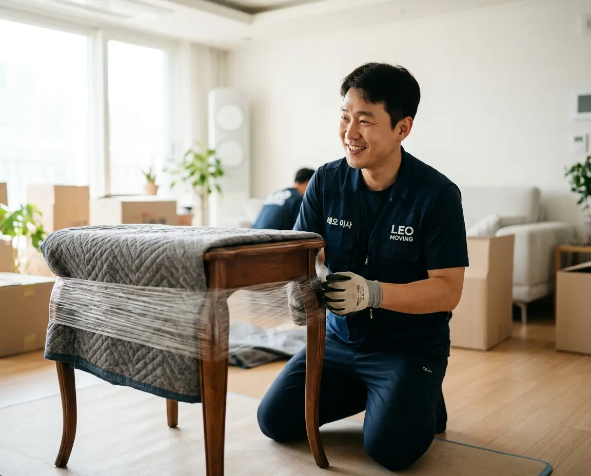 가구를 조심스럽게 포장하고 있는 친절한 이사 전문가의 모습