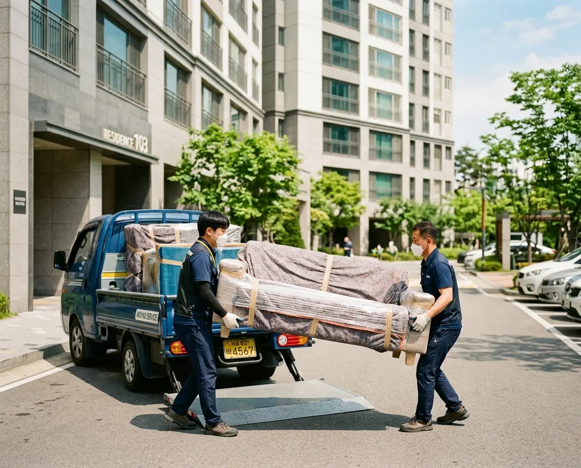 원룸 이사 차량에 포장된 가구를 싣는 모습