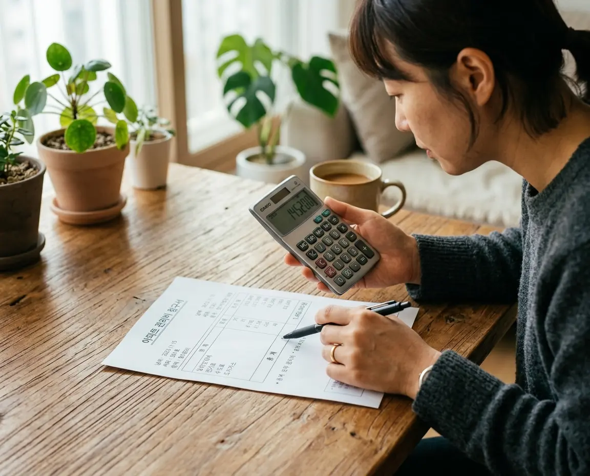 관리비 고지서를 확인하며 계산기를 두드리는 모습