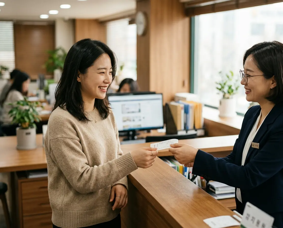 관리사무소에서 관리비 완납 증명서를 받는 모습