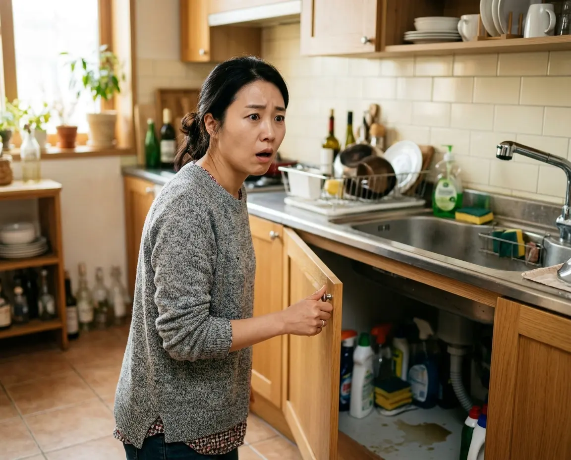 싱크대 하부장 곰팡이를 발견하고 당황하는 여성