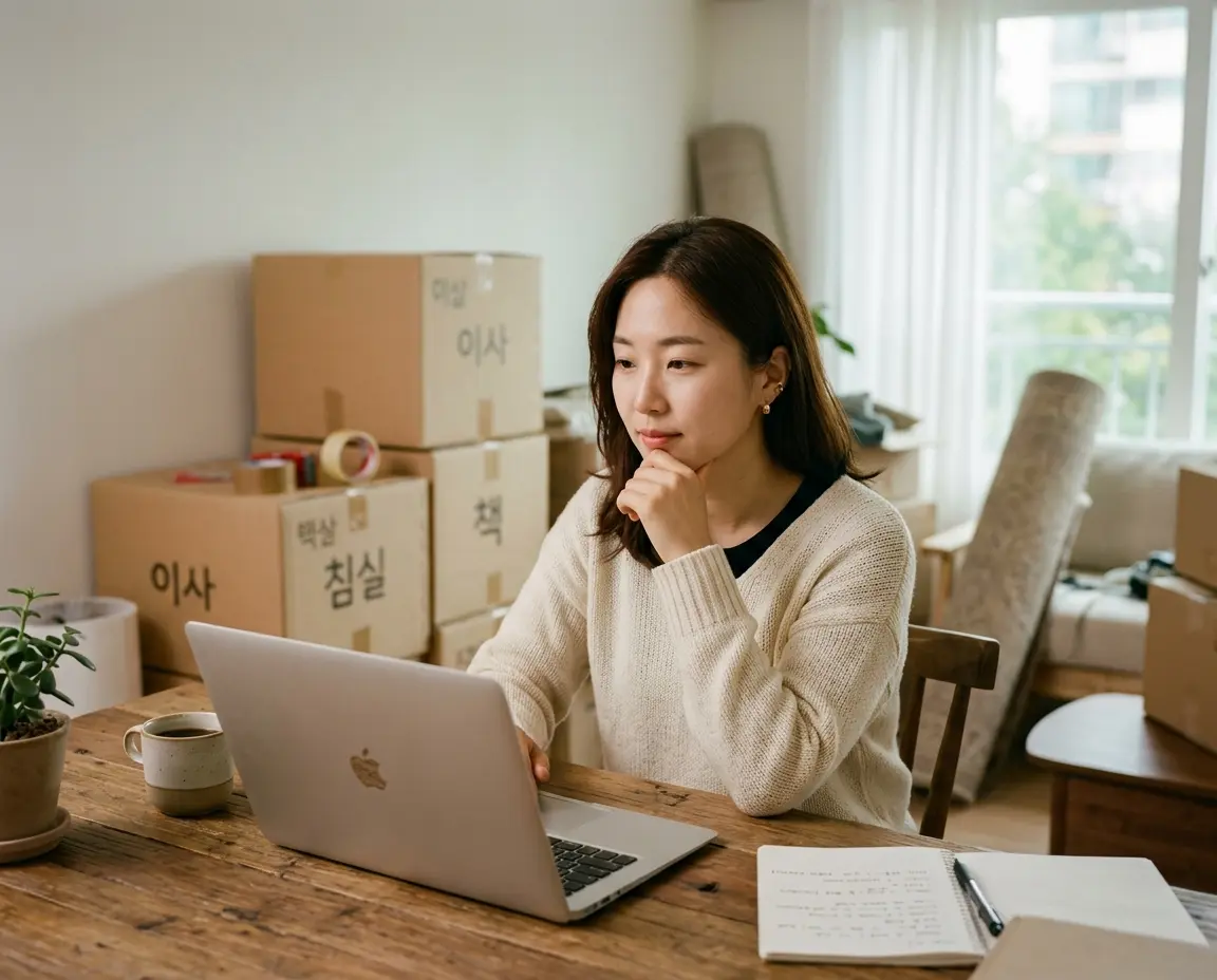 새로운 공간에서 노트북으로 세무 신고를 준비하는 프리랜서의 모습