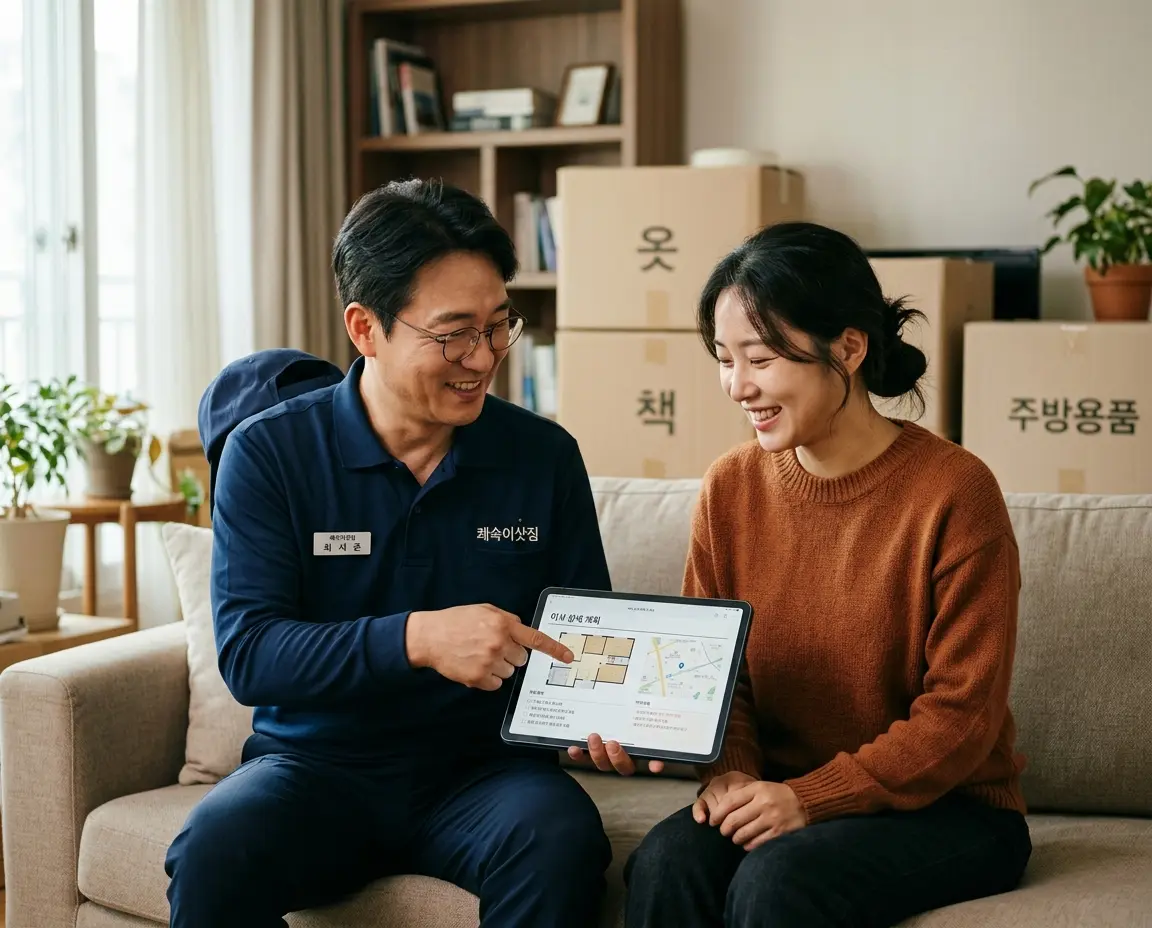 태블릿으로 확정 견적을 설명하는 이사 업체 직원