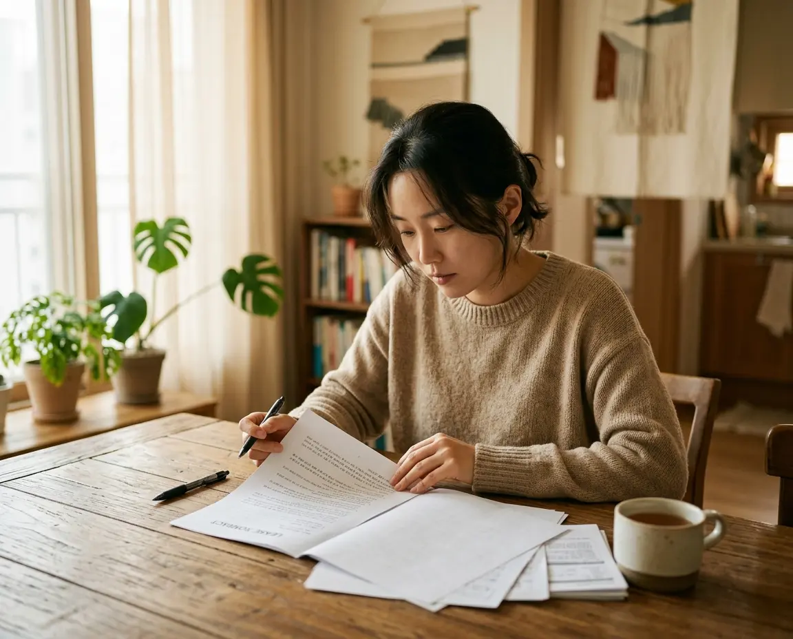임대차 계약서를 꼼꼼히 확인하고 있는 30대 여성