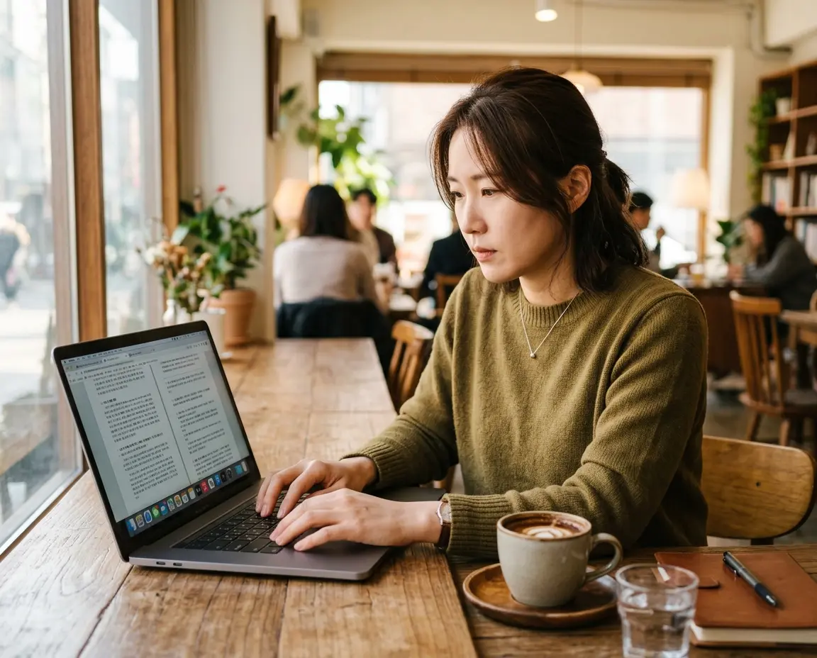 카페에서 노트북으로 임대차 분쟁 해결 방법을 검색하는 30대 여성