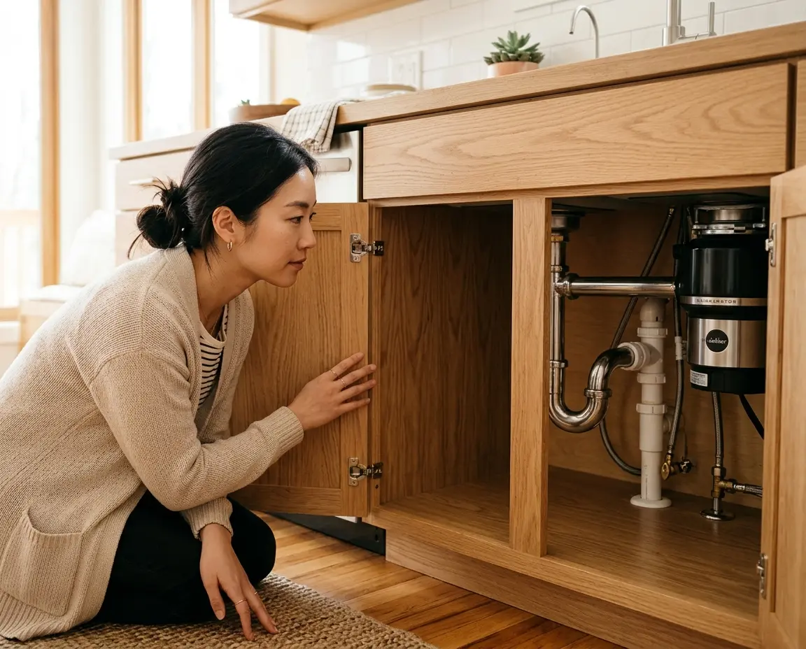 싱크대 하부장 내부 배수관 모습