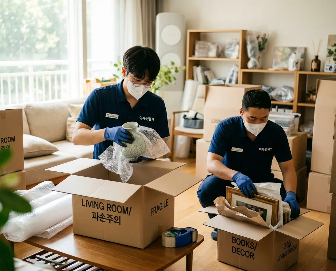 거실에서 이삿짐을 꼼꼼하게 포장하고 있는 전문 작업자들